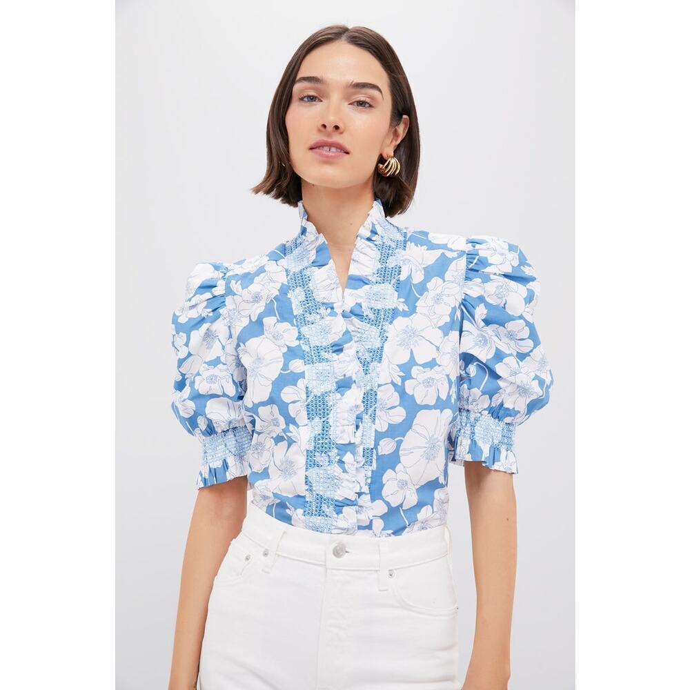 ENGLISH FACTORY Blue Floral Ruffle Neck Aria Blouse Size S NWT